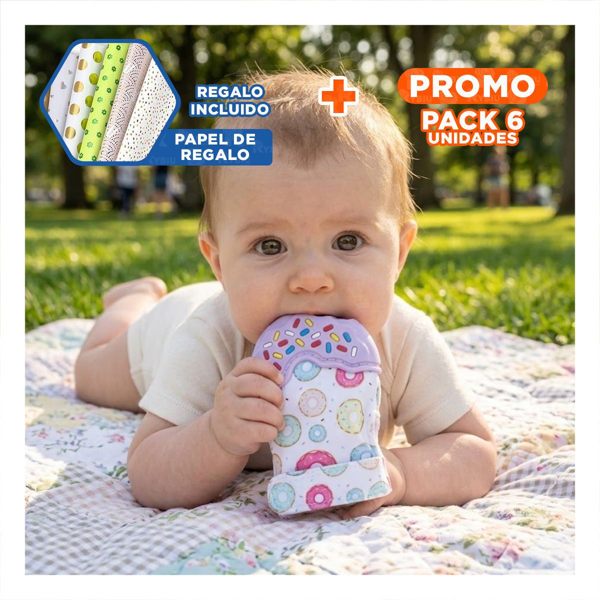 PACK6 MANOPLA MORDEDORA EN FORMA DE DONA EN COLOR LILA INFANTIL Y+PAPEL REGALO - 1