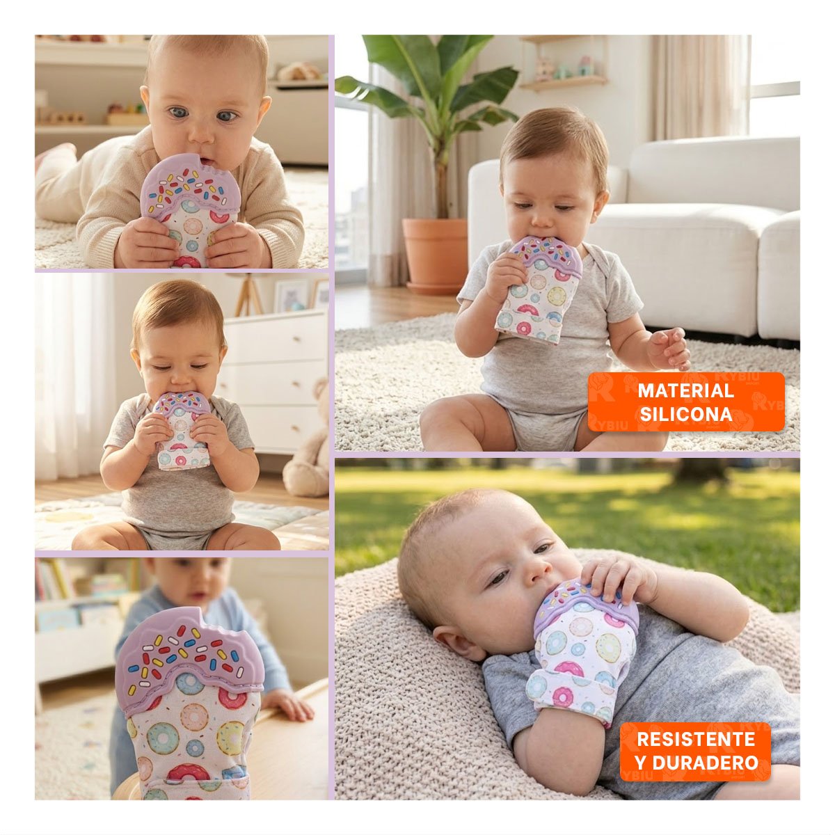 PACK6 MANOPLA MORDEDORA EN FORMA DE DONA EN COLOR LILA INFANTIL Y+PAPEL REGALO - 3