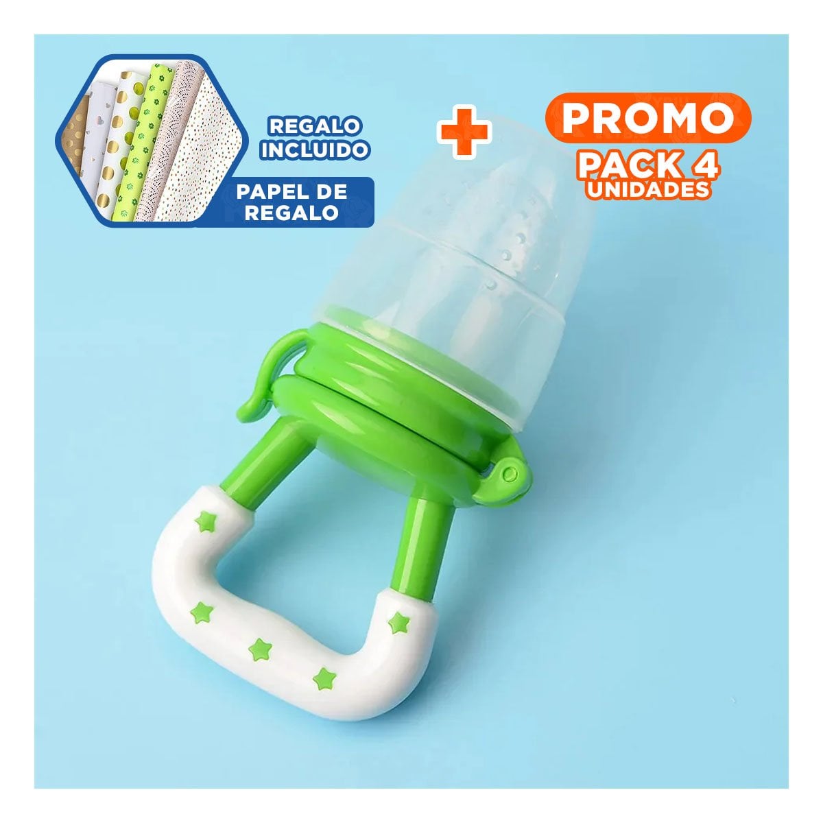PACK4 CHUPON COLOR VERDE TIPO ALIMENTADOR CON SILICONA FLEXIBLE Y ESTRELLITAS Y+PAPEL REGALO - 1