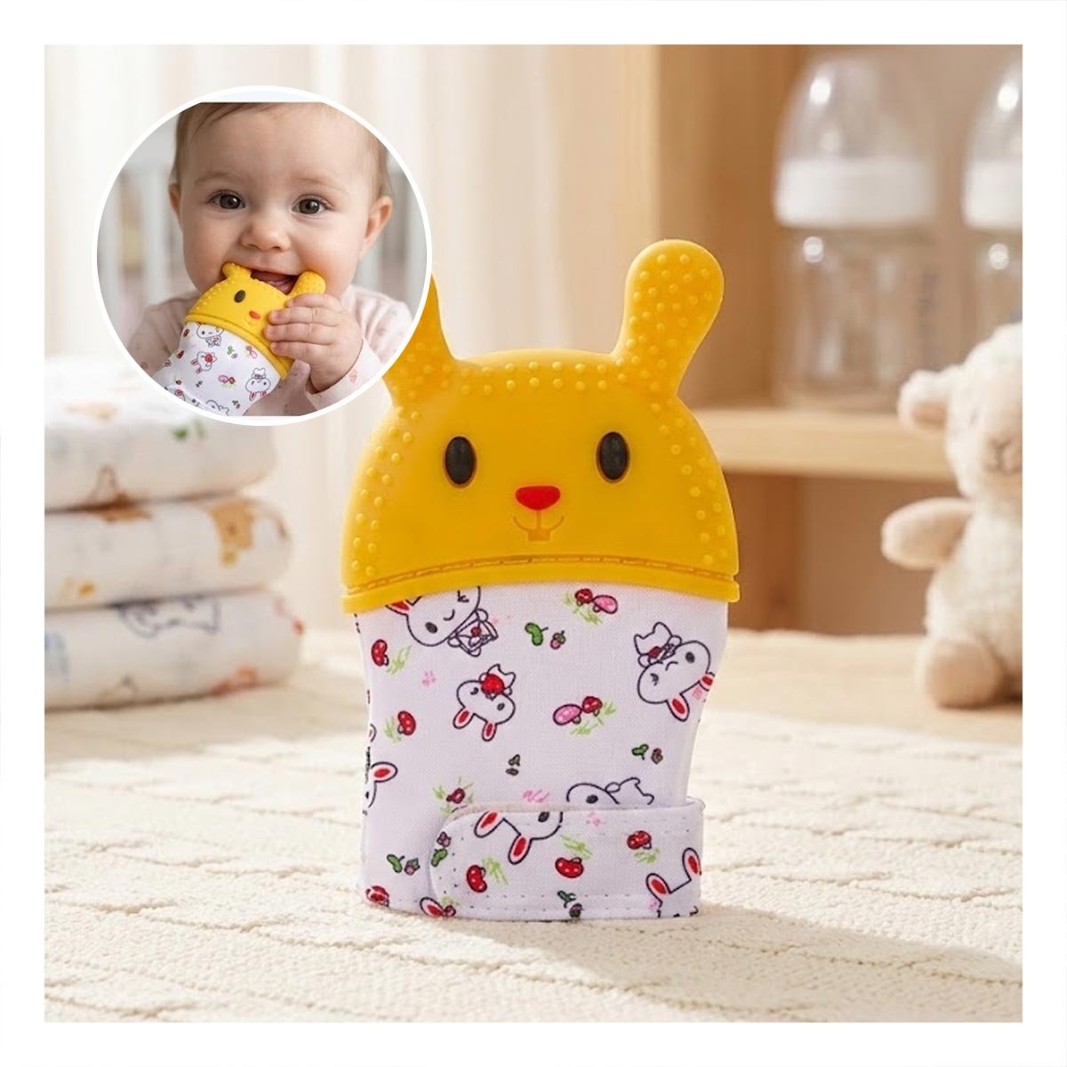 PACK6 MANOPLA MORDEDORA EN FORMA DE CONEJO EN COLOR AMARILLO INFANTIL Y+PAPEL REGALO - 2