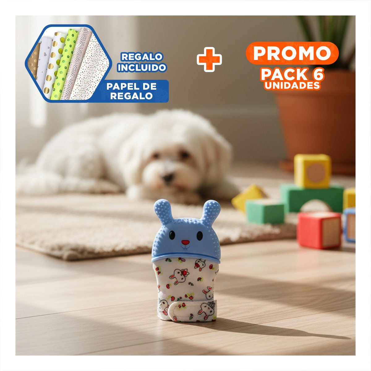 PACK6 MANOPLA MORDEDORA EN FORMA DE CONEJO EN COLOR CELESTE INFANTIL Y+PAPEL REGALO - 1