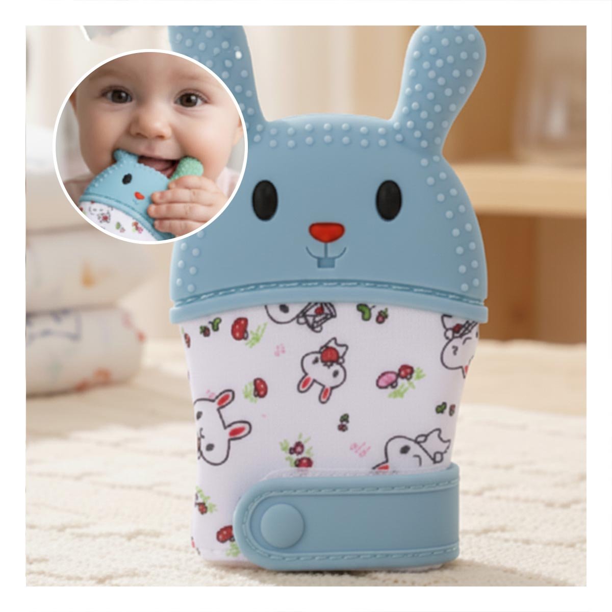 PACK6 MANOPLA MORDEDORA EN FORMA DE CONEJO EN COLOR CELESTE INFANTIL Y+PAPEL REGALO - 2