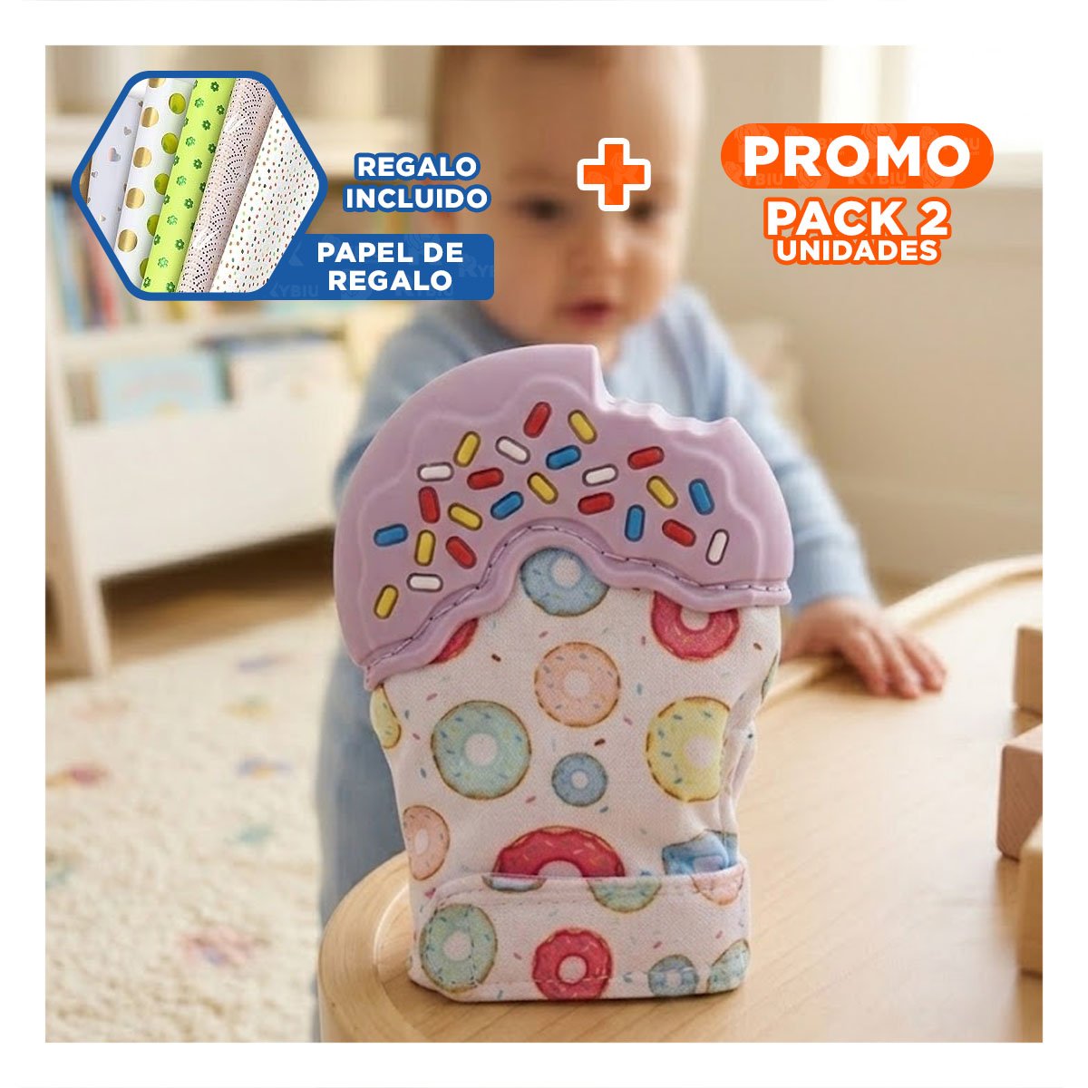 PACK2 GUANTE EN COLOR LILA EN FORMA DE DONA CON FUNCION MORDEDOR Y+PAPEL REGALO - 1