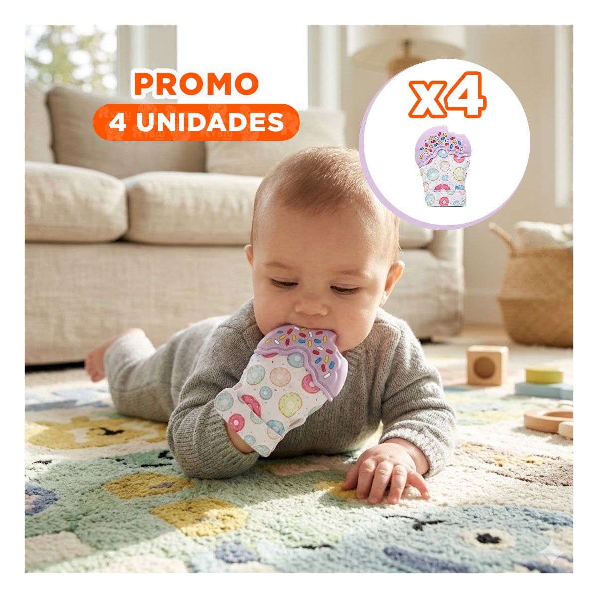 PACK4 GUANTE EN COLOR LILA TIPO MORDEDOR EN FORMA DE DONA PARA DENTICION - 1