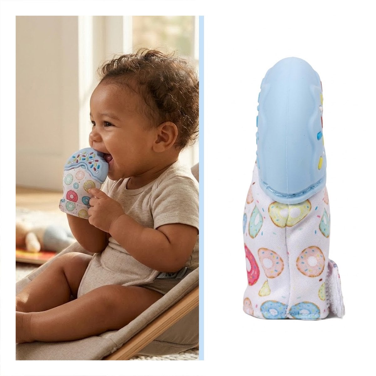 MORDEDOR INFANTIL TIPO FORMA DE DONA EN COLOR CELESTE CON GUANTE FLEXIBLE - 3