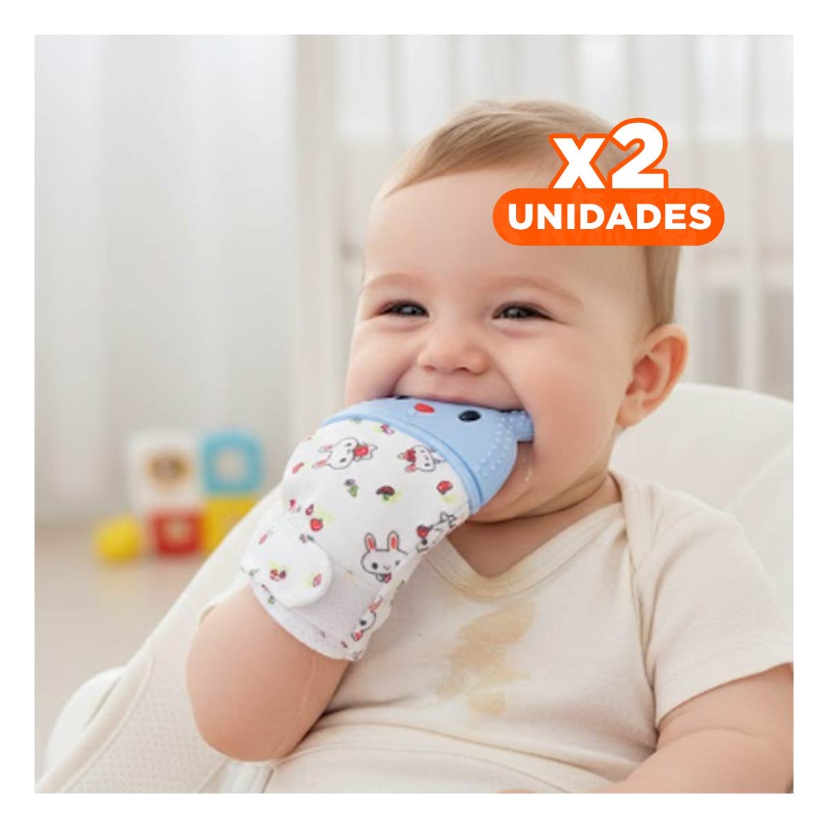 PACK2 GUANTE MORDEDOR INFANTIL EN COLOR CELESTE CON FORMA DE CONEJO Y+REGALO STICKER - 1