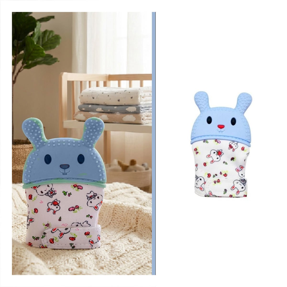 MORDEDOR INFANTIL TIPO FORMA DE CONEJO EN COLOR CELESTE CON GUANTE FLEXIBLE - 3