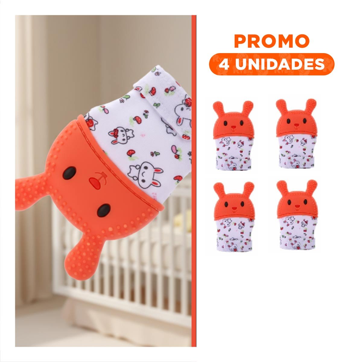 PACK4 ACCESORIO EN COLOR NARANJA FORMA FORMA DE CONEJO TIPO MORDEDOR SUAVE Y+REGALO STICKER - 1