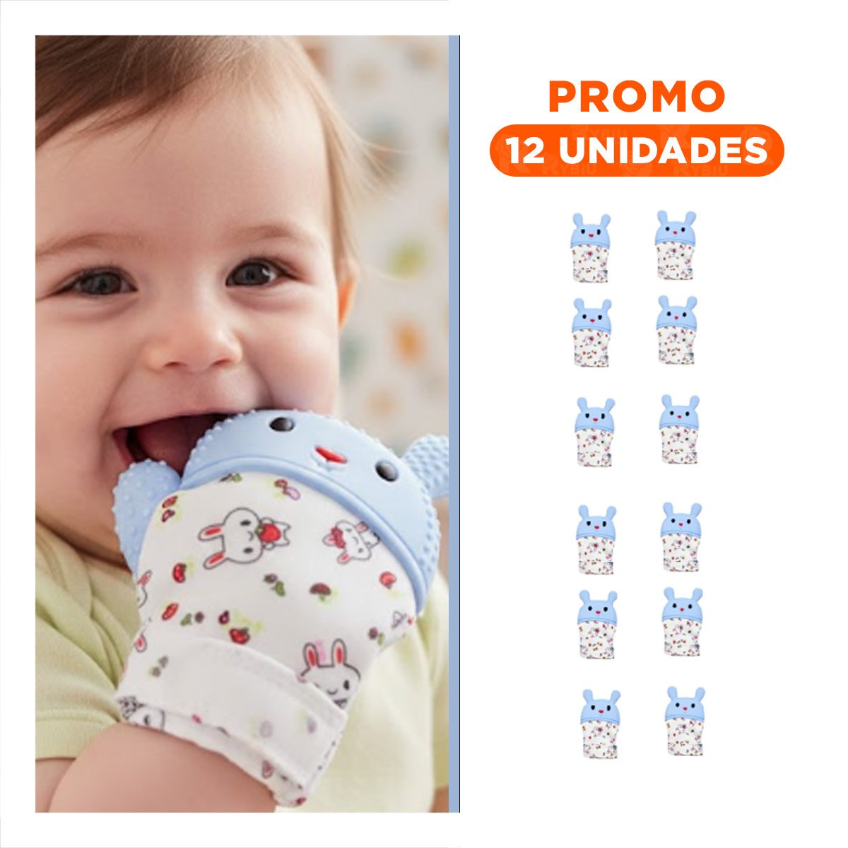 PACK12 MANOPLA MORDEDORA EN COLOR CELESTE CON FORMA DE CONEJO SUAVE Y+REGALO STICKER - 1