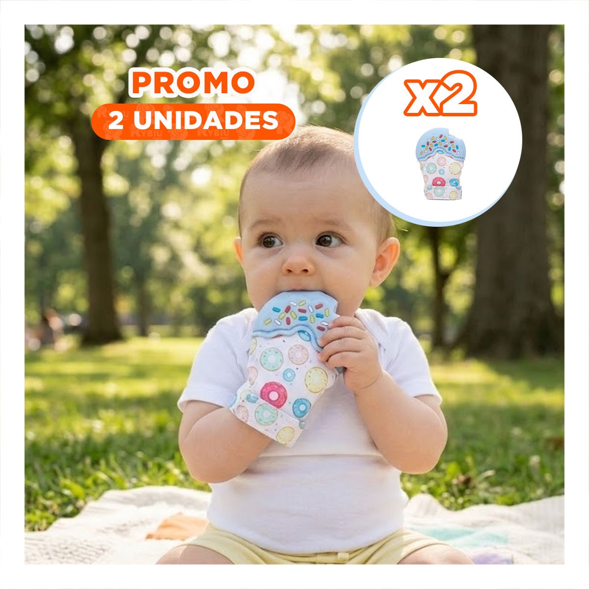 PACK2 GUANTE MORDEDOR INFANTIL EN COLOR CELESTE CON FORMA DE DONA Y+REGALO STICKER - 1