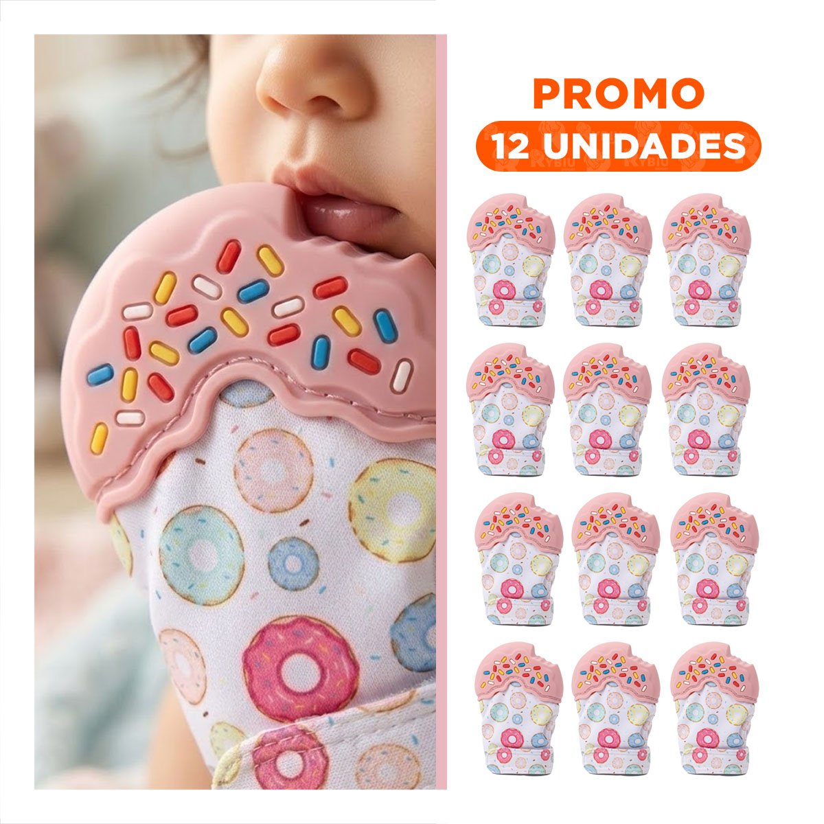 PACK12 MANOPLA MORDEDORA EN COLOR ROSADO CON FORMA DE DONA SUAVE Y+REGALO STICKER - 1