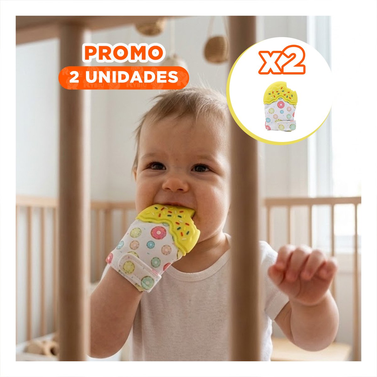 PACK2 GUANTE MORDEDOR INFANTIL EN COLOR AMARILLO CON FORMA DE DONA Y+REGALO STICKER - 1
