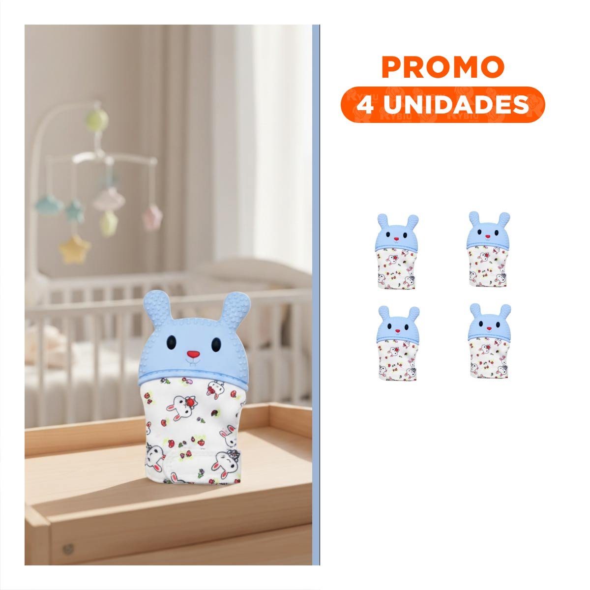 PACK4 ACCESORIO EN COLOR CELESTE FORMA FORMA DE CONEJO TIPO MORDEDOR SUAVE Y+REGALO STICKER - 1