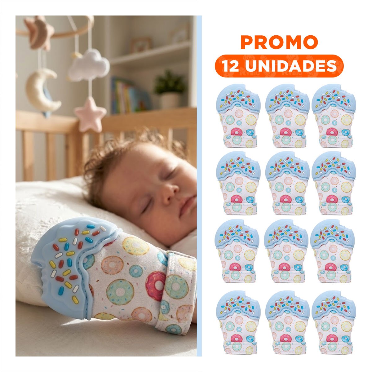 PACK12 MANOPLA MORDEDORA EN COLOR CELESTE CON FORMA DE DONA SUAVE Y+REGALO STICKER - 1