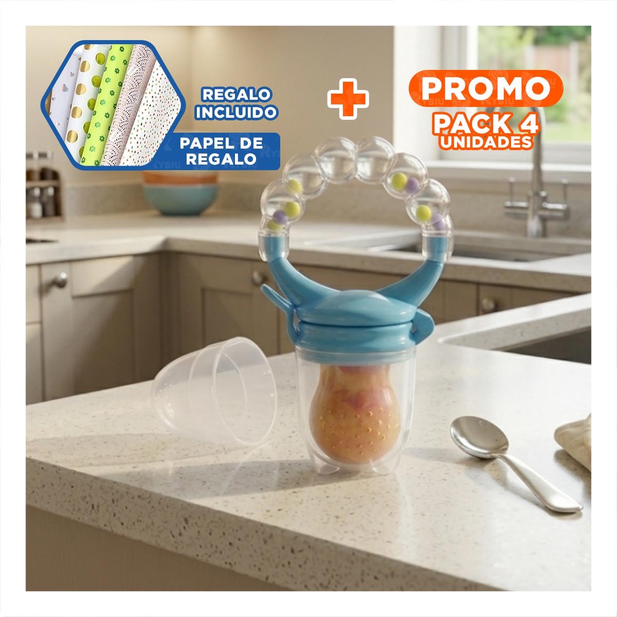 PACK4 CHUPON COLOR BLANCO TIPO ALIMENTADOR CON SILICONA FLEXIBLE Y BOLITAS Y+PAPEL REGALO - 1