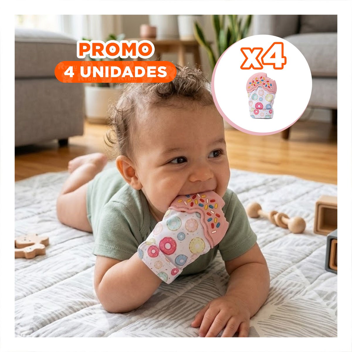 PACK4 GUANTE EN COLOR ROSADO TIPO MORDEDOR EN FORMA DE DONA PARA DENTICION - 1