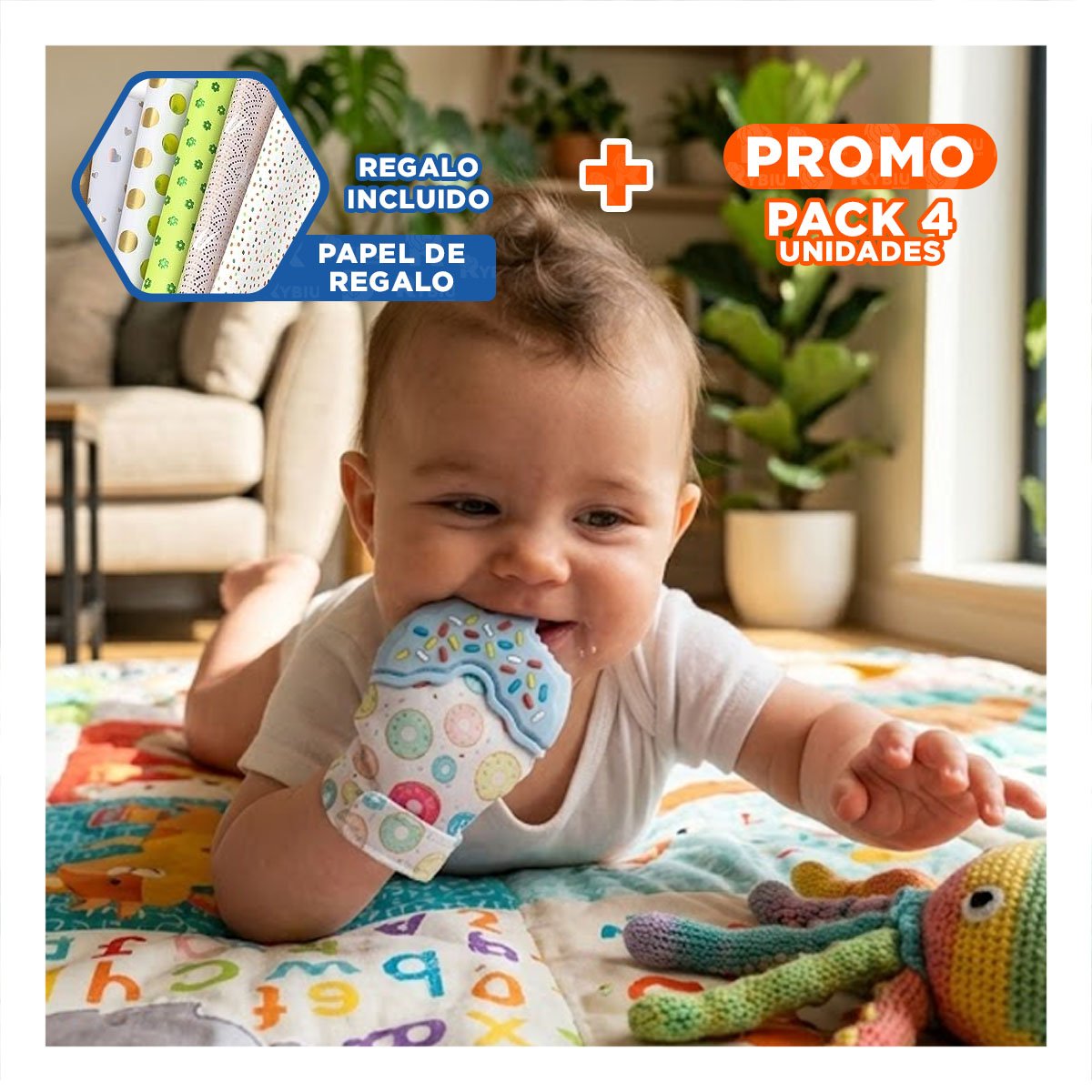 PACK4 GUANTE MORDEDOR SUAVE EN COLOR CELESTE TIPO FORMA DE DONA INFANTIL Y+PAPEL REGALO - 1
