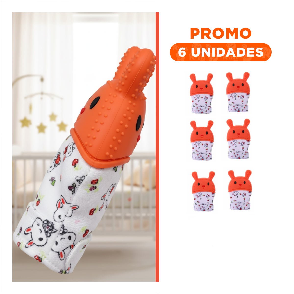 PACK6 ACCESORIO MORDEDOR EN COLOR NARANJA CON FIGURA FORMA DE CONEJO FLEXIBLE - 1