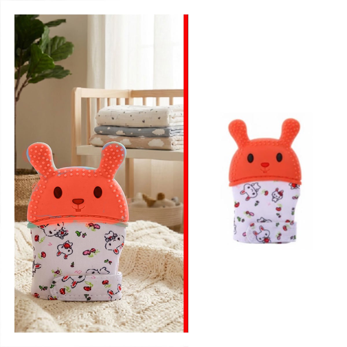 MORDEDOR INFANTIL TIPO FORMA DE CONEJO EN COLOR NARANJA CON GUANTE FLEXIBLE - 3