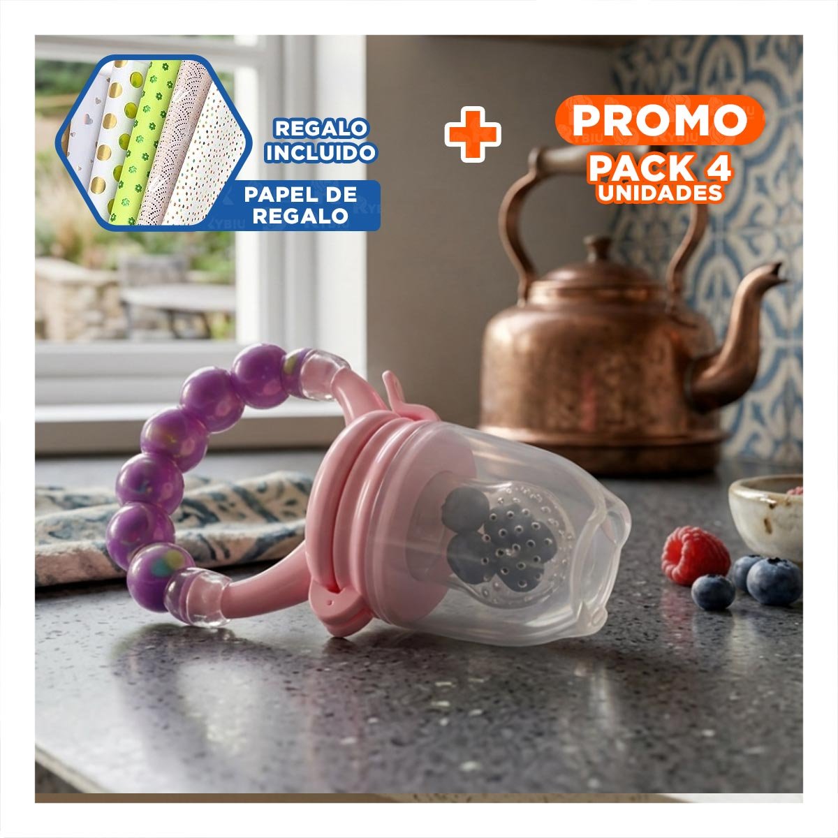 PACK4 CHUPON COLOR MORADO TIPO ALIMENTADOR CON SILICONA FLEXIBLE Y BOLITAS Y+PAPEL REGALO - 1