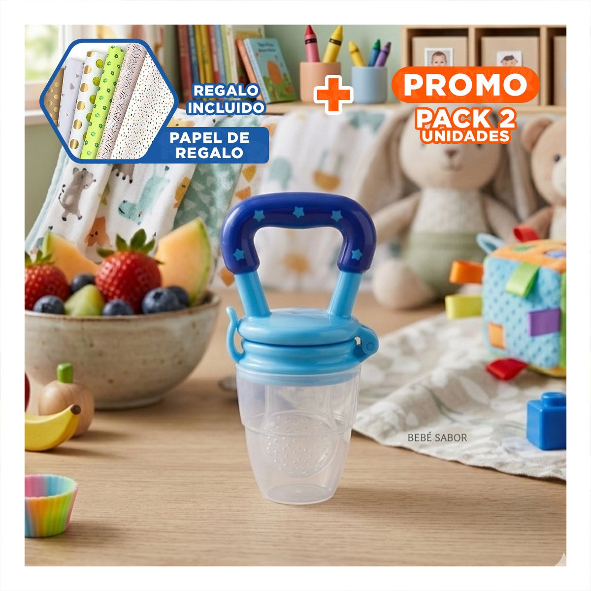 PACK2 CHUPON ALIMENTADOR INFANTIL EN COLOR AZUL CON SILICONA Y ESTRELLITAS Y+PAPEL REGALO - 1