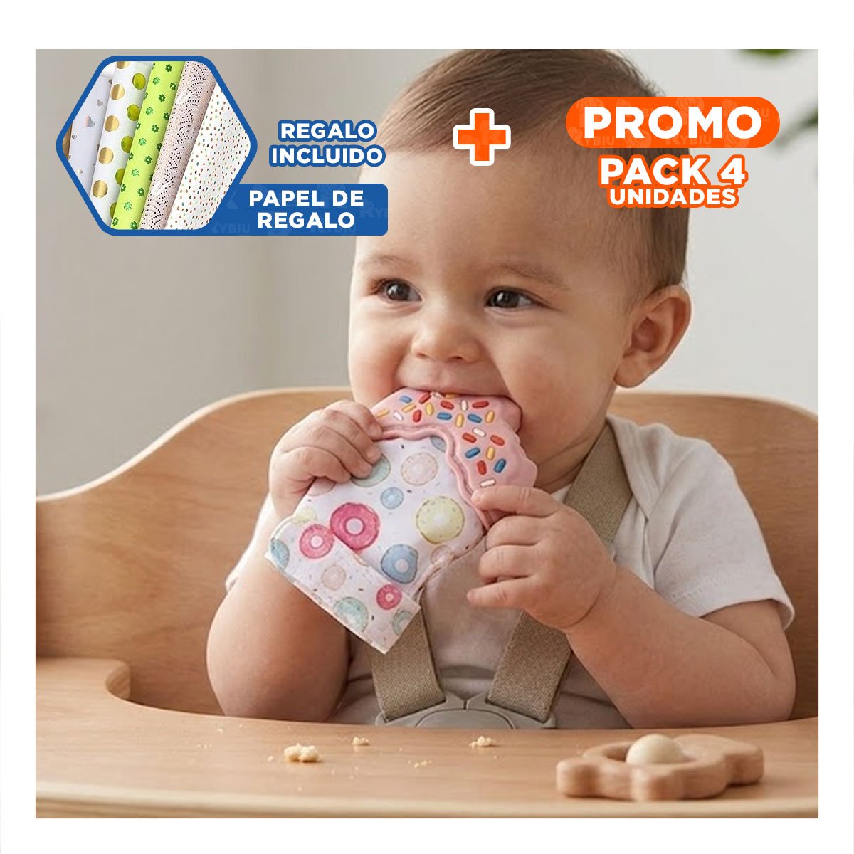 PACK4 GUANTE MORDEDOR SUAVE EN COLOR ROSADO TIPO FORMA DE DONA INFANTIL Y+PAPEL REGALO - 1
