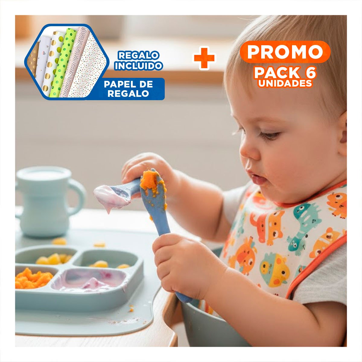 PACK6 KIT DE CUCHARA Y TENEDOR EN COLOR AZUL EN SILICONA PARA BEBE Y+PAPEL REGALO - 1