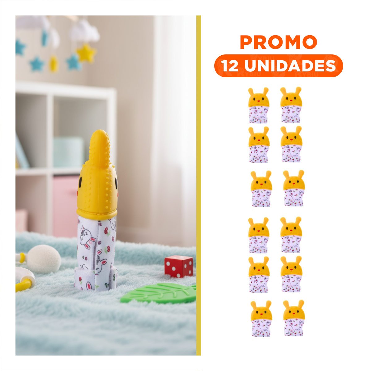 PACK12 MANOPLA MORDEDORA EN COLOR AMARILLO CON FORMA DE CONEJO SUAVE Y+REGALO STICKER - 1