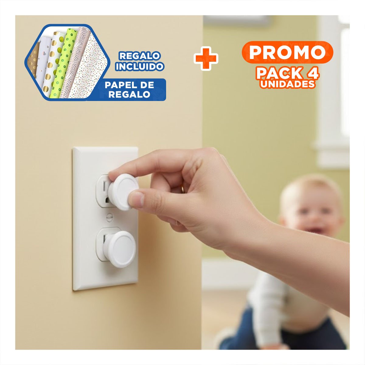 PACK4 PROTECTOR DE ENCHUFE EN FORMA CIRCULAR DE 3,3CM EN COLOR BLANCO Y+PAPEL REGALO - 1