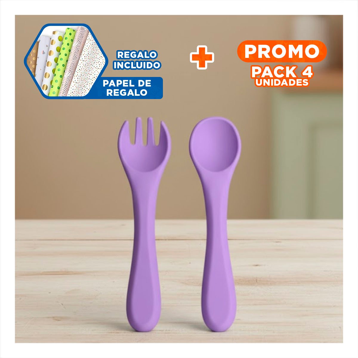 PACK4 JUEGO DE ALIMENTACION EN COLOR MORADO CON CUCHARA Y TENEDOR SILICONA Y+PAPEL REGALO - 1