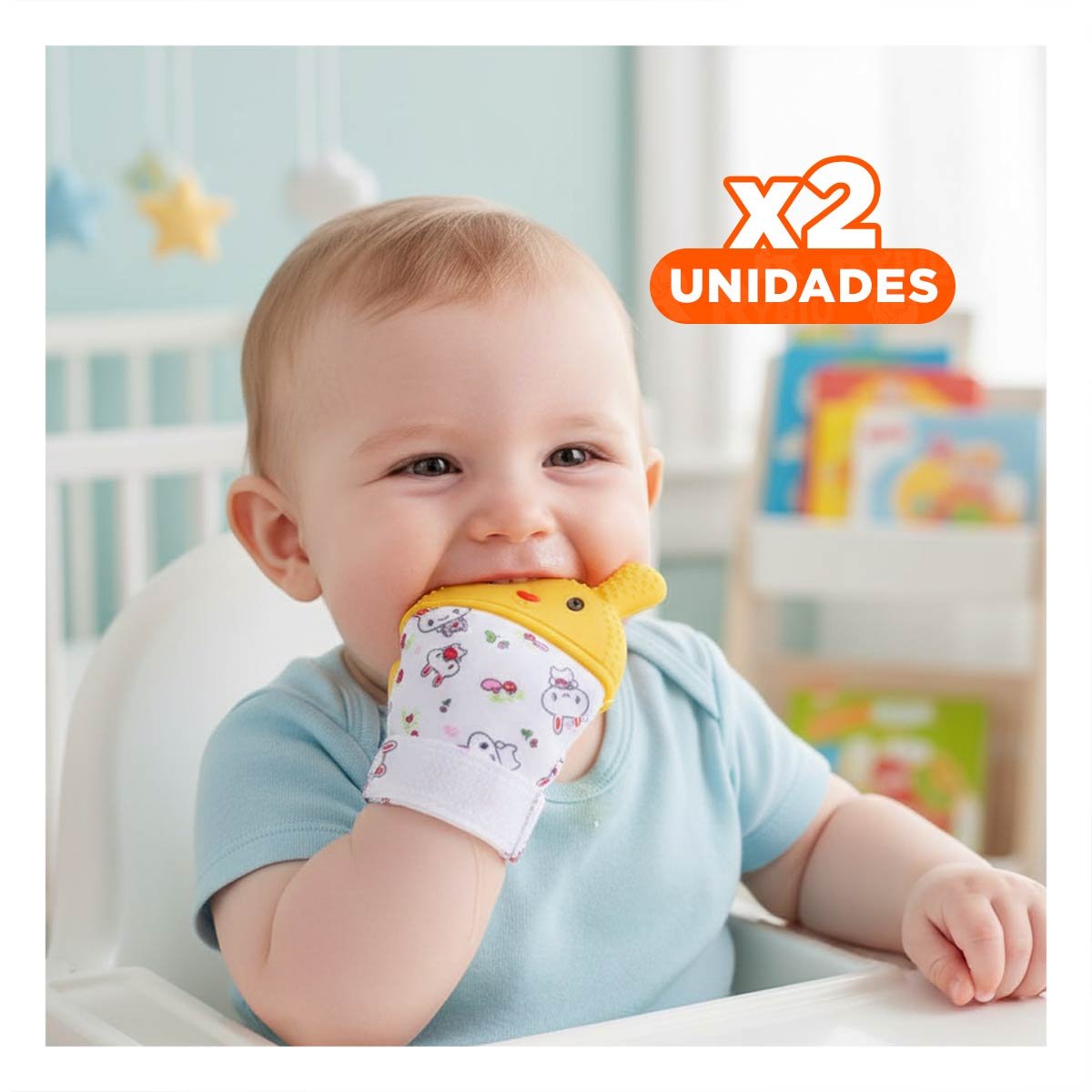PACK2 GUANTE MORDEDOR INFANTIL EN COLOR AMARILLO CON FORMA DE CONEJO Y+REGALO STICKER - 1