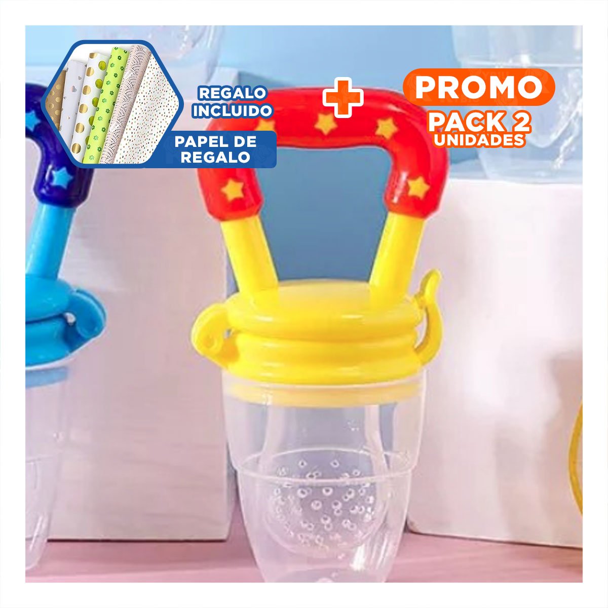 PACK2 CHUPON ALIMENTADOR INFANTIL EN COLOR NARANJA CON SILICONA Y ESTRELLITAS Y+PAPEL REGALO - 1