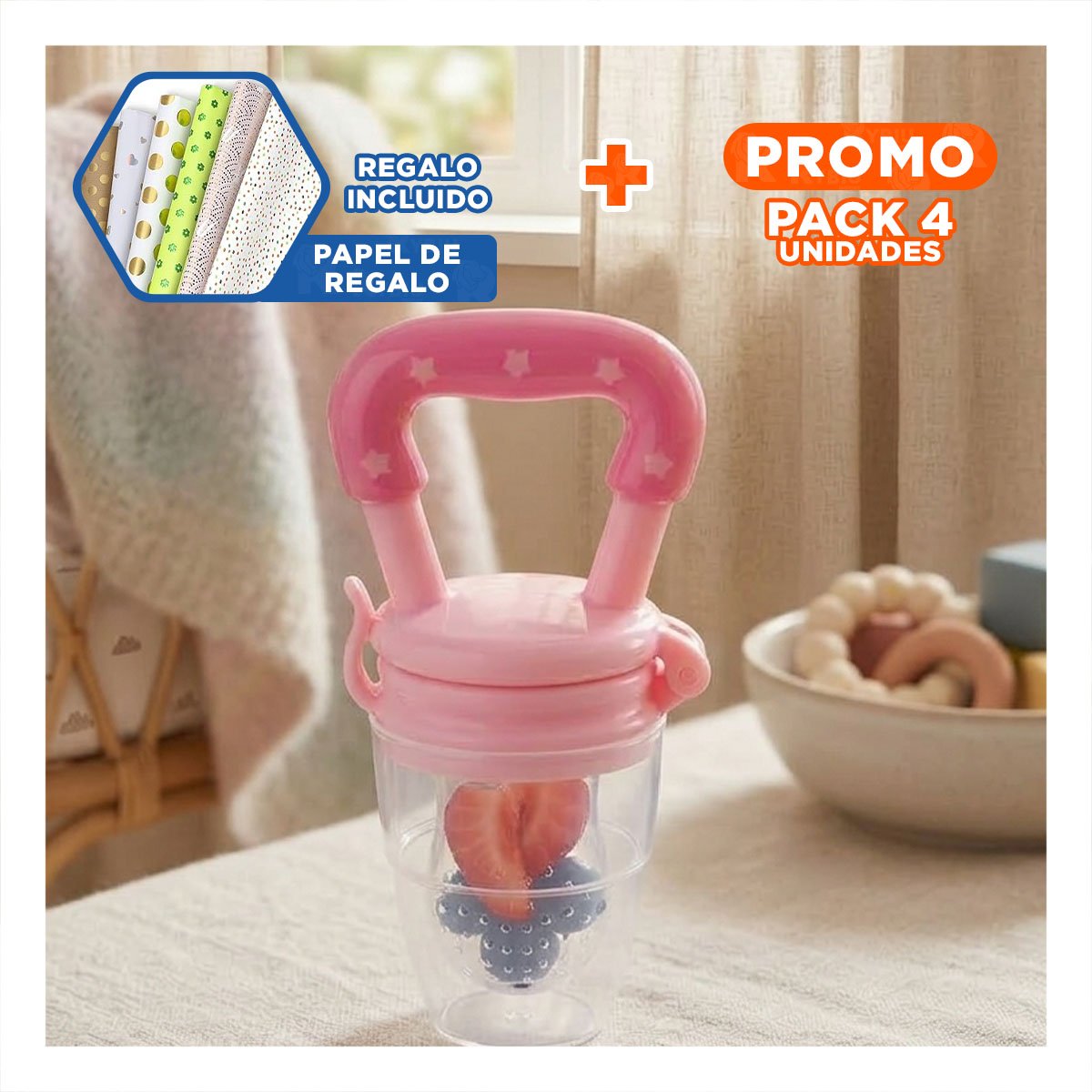 PACK4 CHUPON COLOR ROSADO TIPO ALIMENTADOR CON SILICONA FLEXIBLE Y ESTRELLITAS Y+PAPEL REGALO - 1