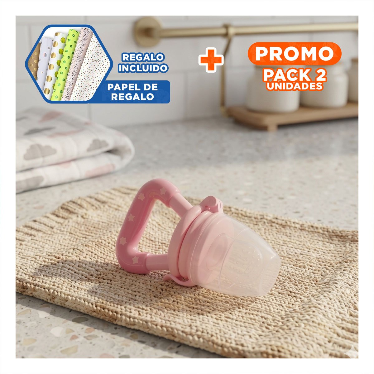 PACK2 CHUPON ALIMENTADOR INFANTIL EN COLOR ROSADO CON SILICONA Y ESTRELLITAS Y+PAPEL REGALO - 1