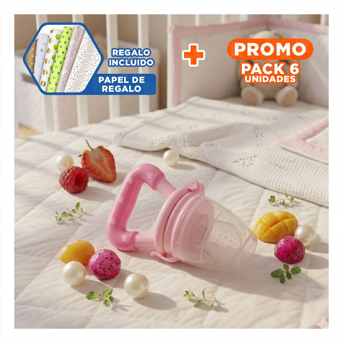 PACK6 BOQUILLA ALIMENTADORA EN COLOR ROSADO CON ESTRELLITAS DE SILICONA Y+PAPEL REGALO - 1