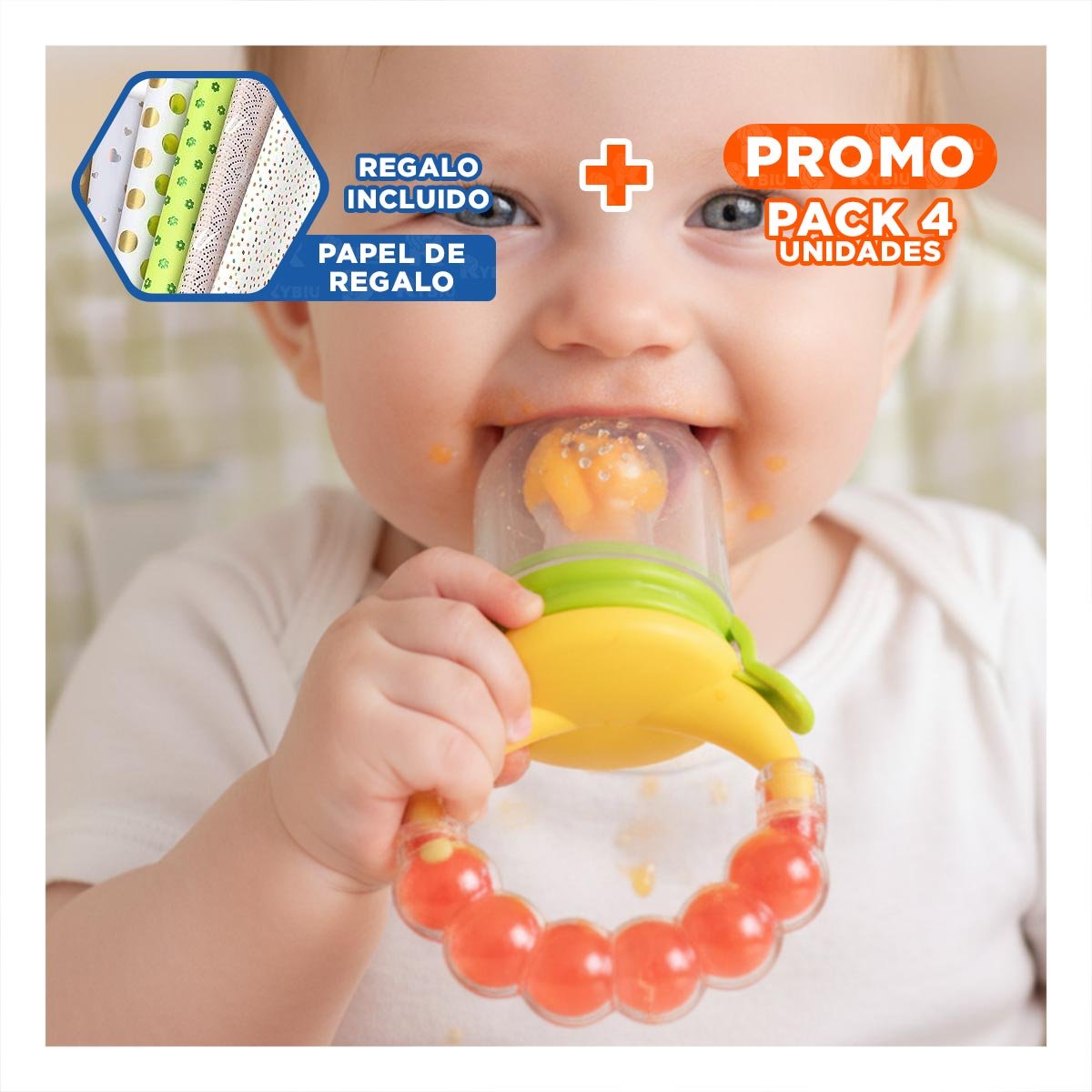 PACK4 CHUPON COLOR NARANJA TIPO ALIMENTADOR CON SILICONA FLEXIBLE Y BOLITAS Y+PAPEL REGALO - 1