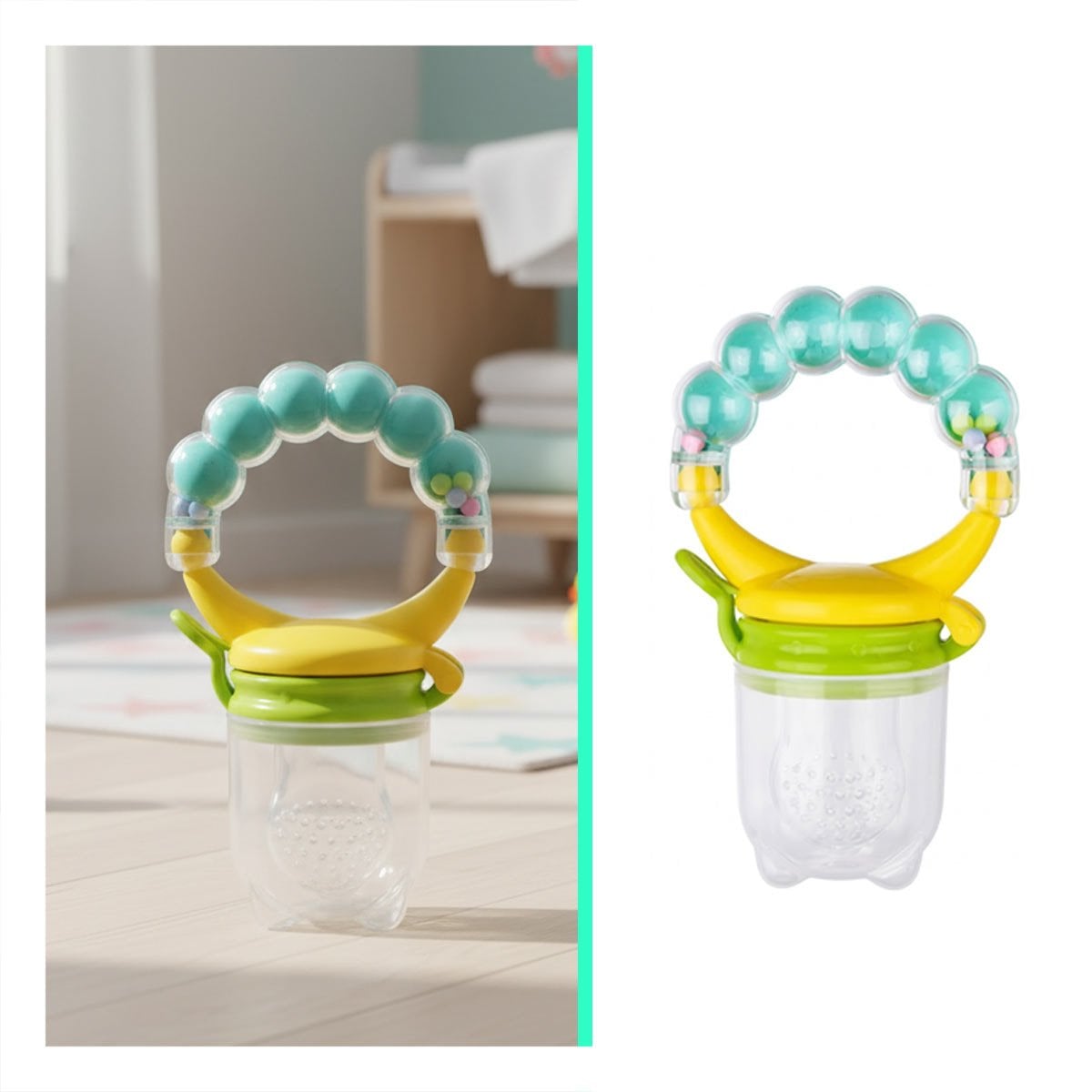 ALIMENTADOR INFANTIL CON SILICONA EN COLOR VERDE AGUA Y BOLITAS DECORATIVAS - 3