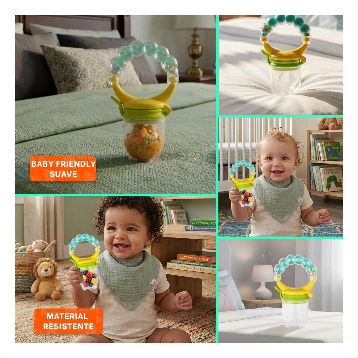 ALIMENTADOR INFANTIL CON SILICONA EN COLOR VERDE AGUA Y BOLITAS DECORATIVAS - 5