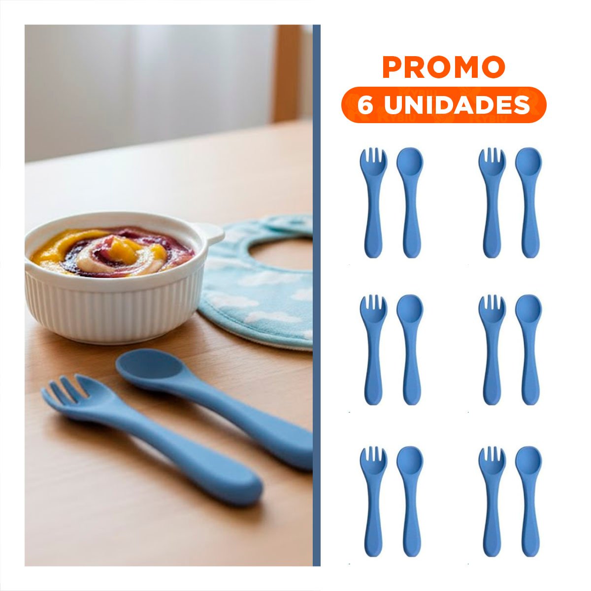 PACK6 CONJUNTO EN COLOR AZUL DE CUCHARA Y TENEDOR EN SILICONA FLEXIBLE - 1