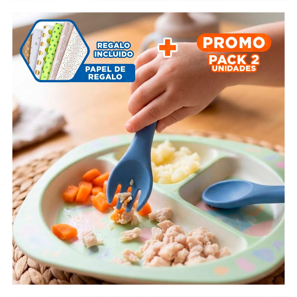 PACK2 SET DE CUCHARA Y TENEDOR INFANTIL EN COLOR AZUL MATERIAL SILICONA Y+PAPEL REGALO - 1