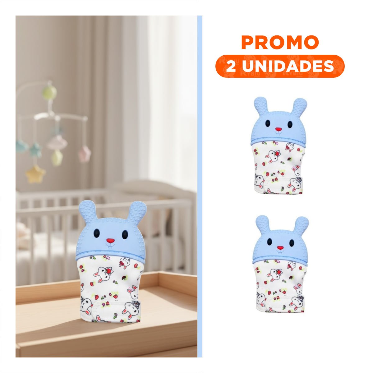 PACK2 GUANTE MORDEDOR CON FIGURA DE FORMA DE CONEJO EN COLOR CELESTE FLEXIBLE - 1