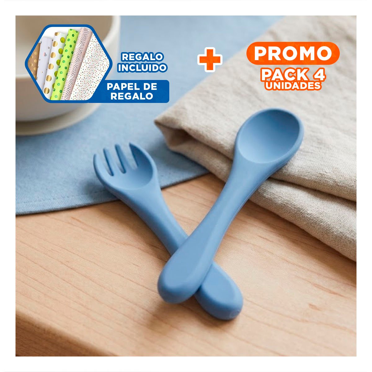PACK4 JUEGO DE ALIMENTACION EN COLOR AZUL CON CUCHARA Y TENEDOR SILICONA Y+PAPEL REGALO - 1