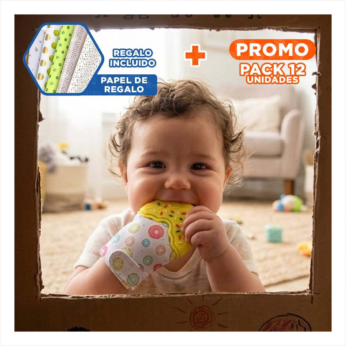 PACK12 MANOPLA EN COLOR AMARILLO TIPO FORMA DE DONA CON FUNCION MORDEDOR Y+PAPEL REGALO - 1