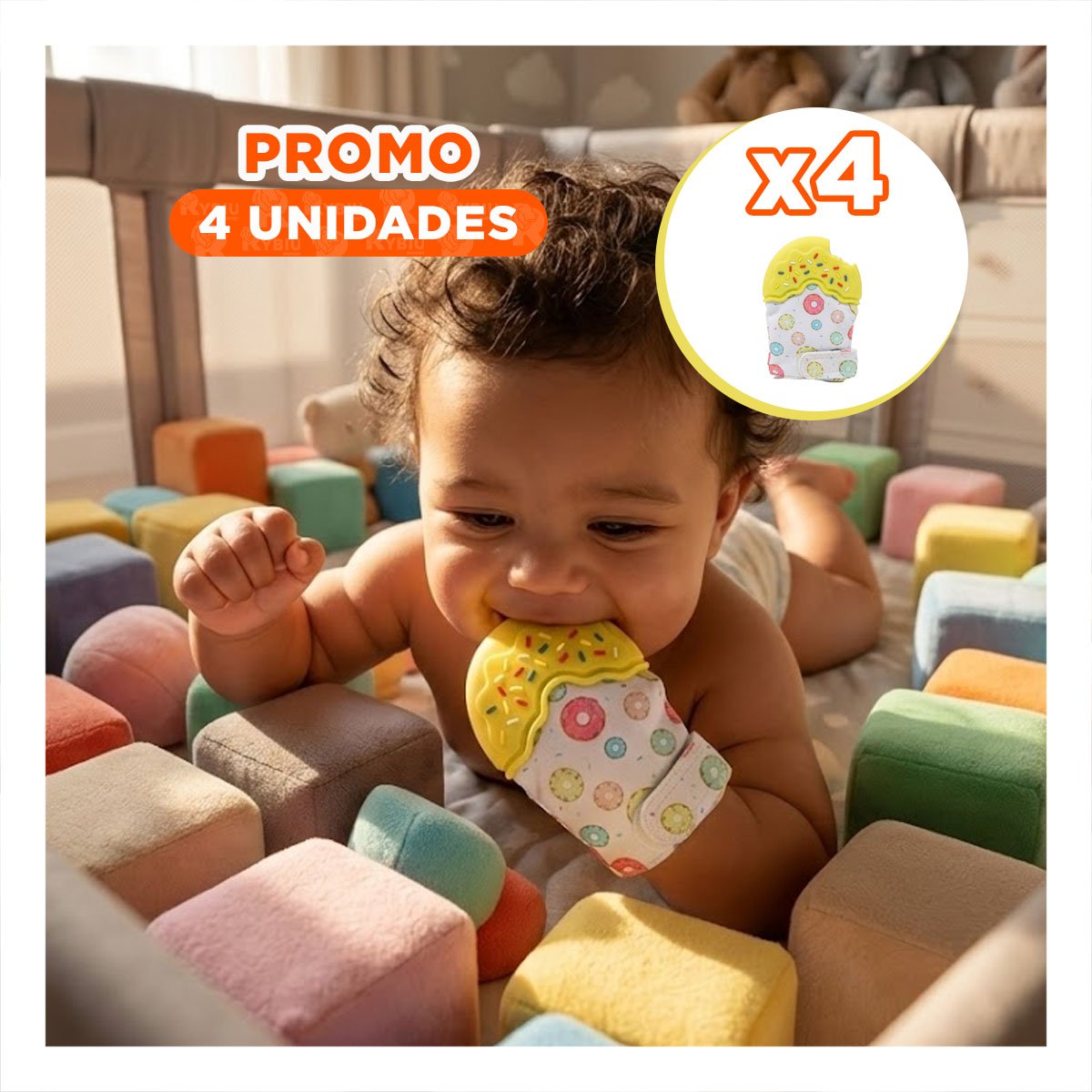 PACK4 GUANTE EN COLOR AMARILLO TIPO MORDEDOR EN FORMA DE DONA PARA DENTICION - 1
