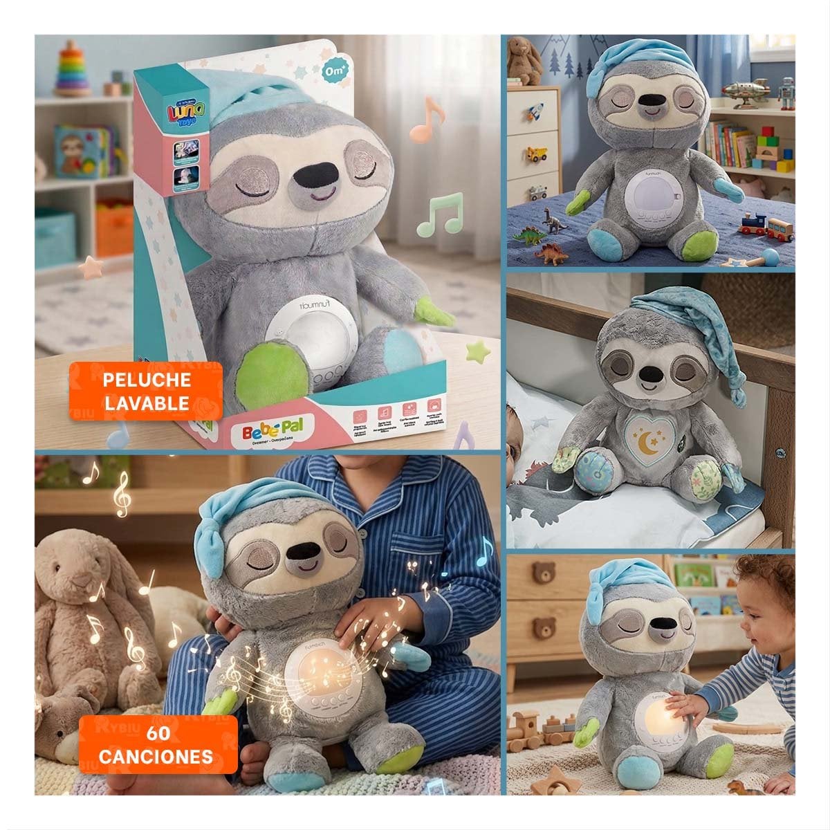 MUNECO EN FORMA DE OSO PEREZOSO EN COLOR PLOMO CON EFECTO DE PROYECTOR Y SONIDO Y+POST IT - 1