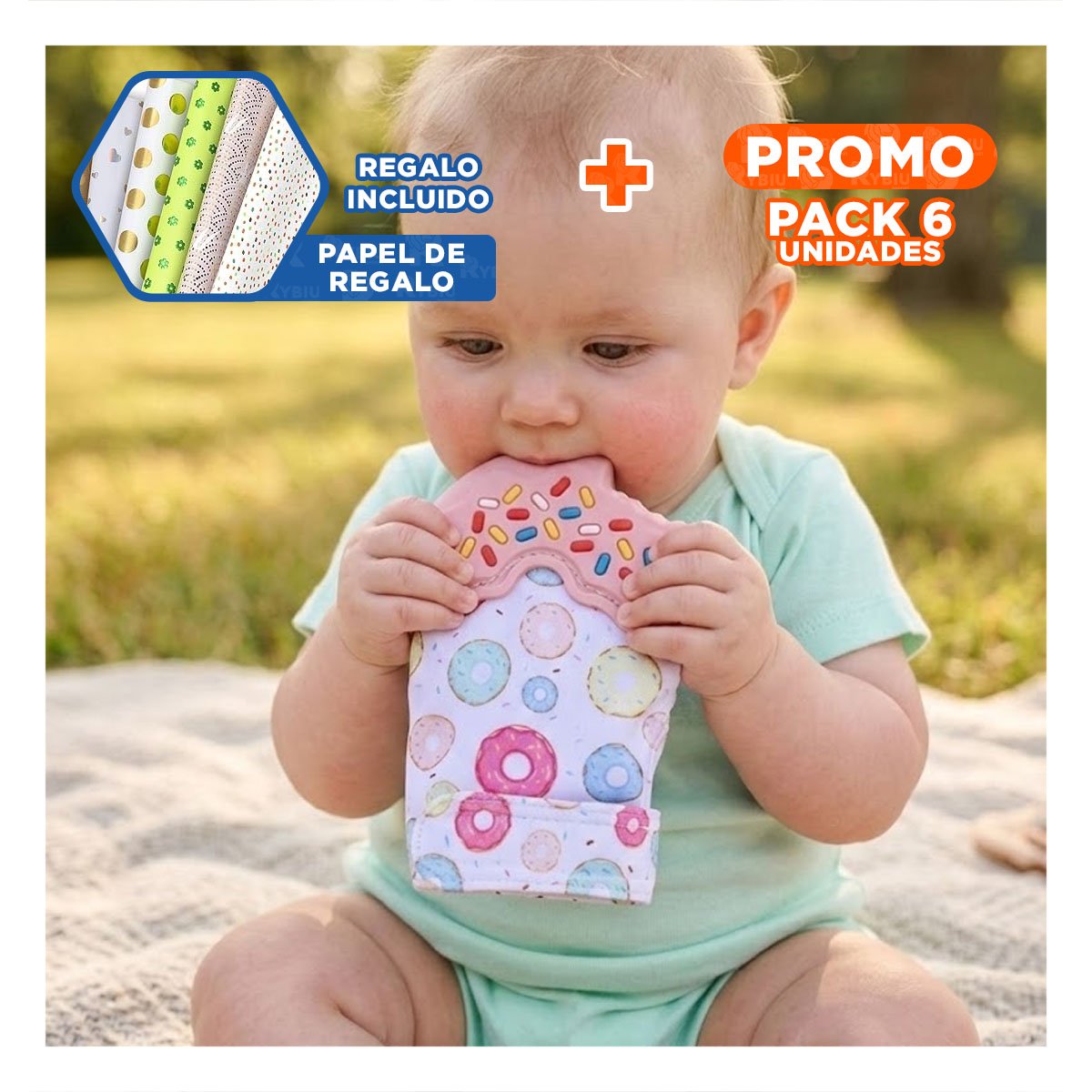 PACK6 MANOPLA MORDEDORA EN FORMA DE DONA EN COLOR ROSADO INFANTIL Y+PAPEL REGALO - 1