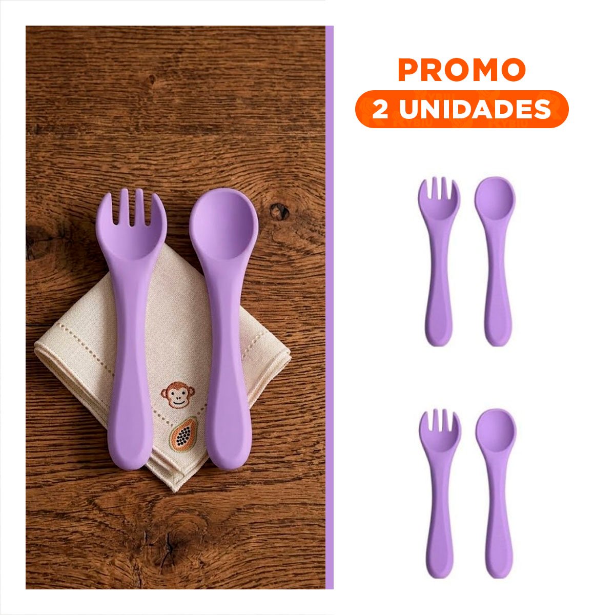 PACK2 SET EN COLOR MORADO CON CUCHARA Y TENEDOR DE SILICONA PARA ALIMENTACION SEGURA - 1