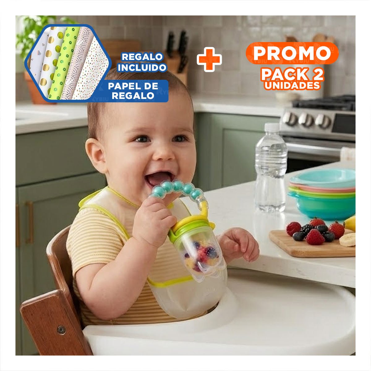 PACK2 CHUPON ALIMENTADOR INFANTIL EN COLOR VERDE AGUA CON SILICONA Y BOLITAS Y+PAPEL REGALO - 1