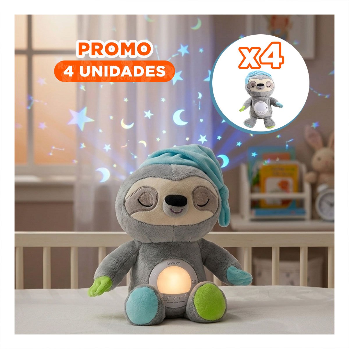 PACK4 PELUCHE EN COLOR PLOMO CON PROYECTOR INTEGRADO Y SONIDO EN FORMA DE OSO PEREZOSO - 1