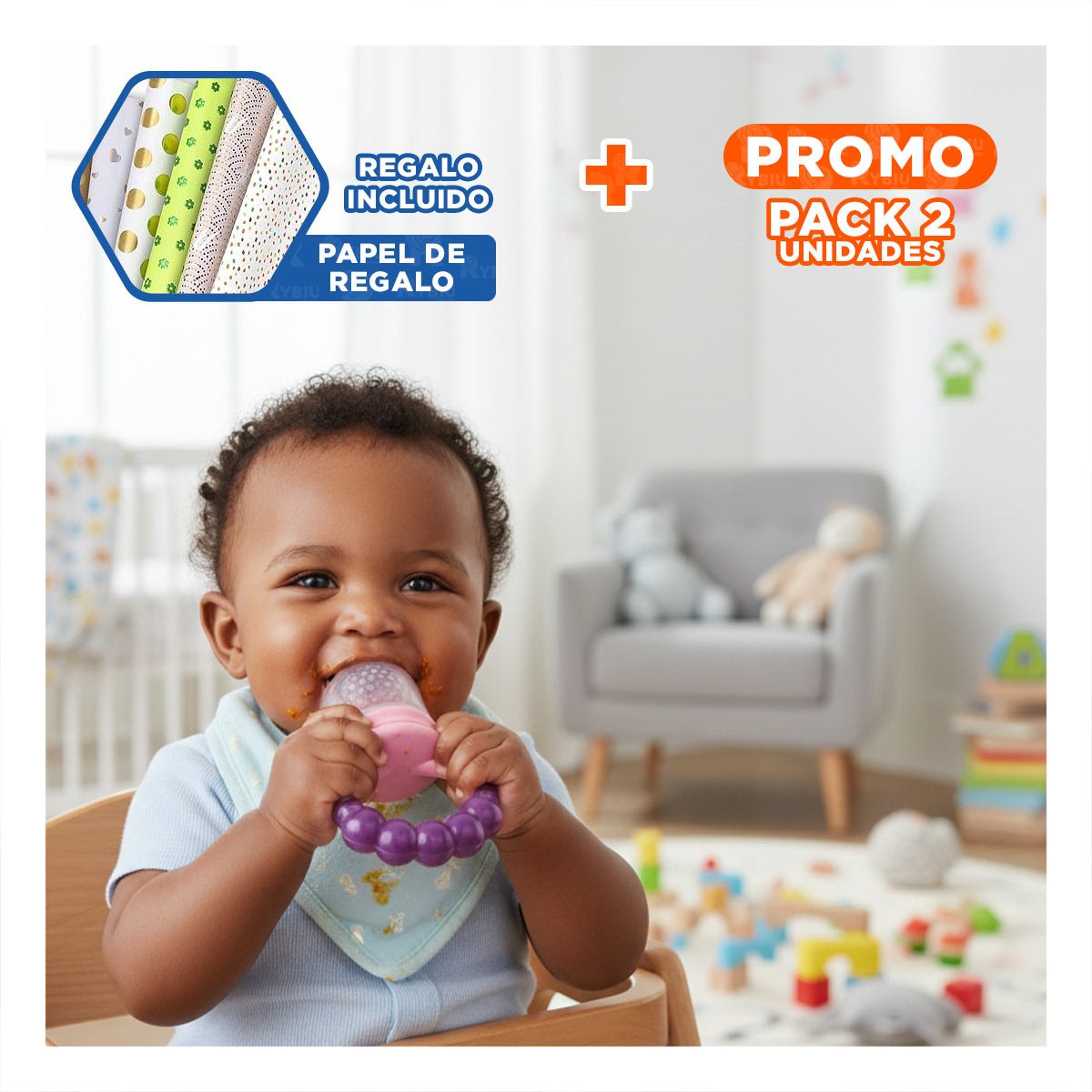 PACK2 CHUPON ALIMENTADOR INFANTIL EN COLOR MORADO CON SILICONA Y BOLITAS Y+PAPEL REGALO - 1